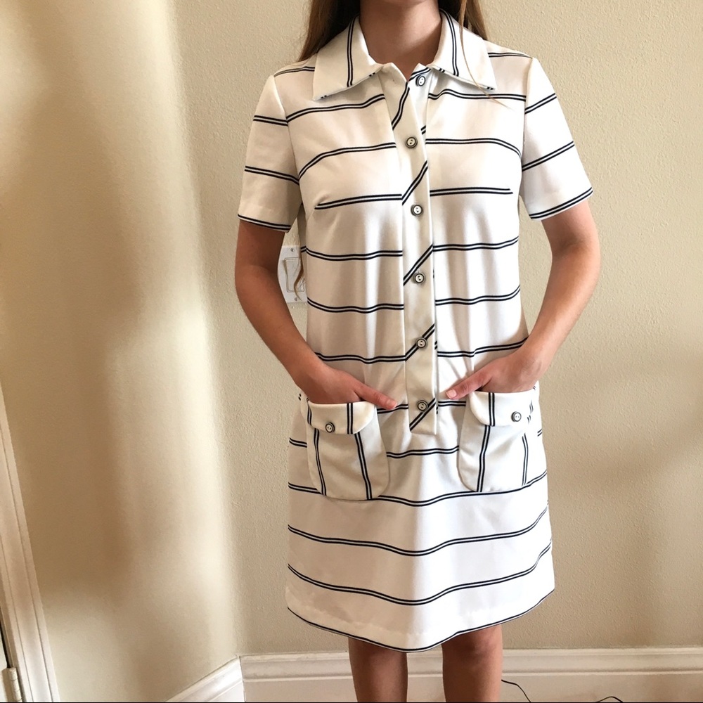 Vintage Nautical Yachting Dress Medium Homemade White Blue Stripes mini poly - Picture 2 of 5